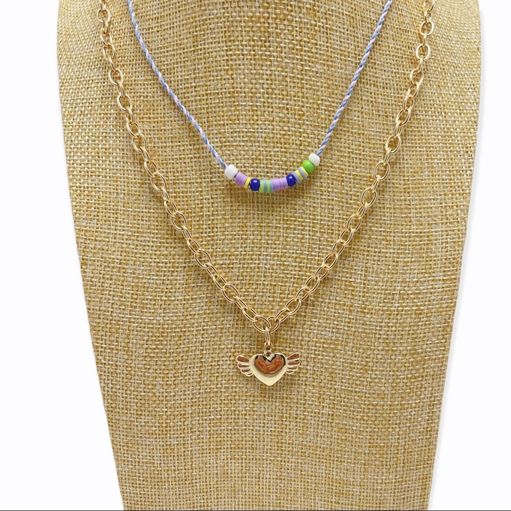 BP. Layered Bead And Gold Chain With Heart Pendant Set Of 2